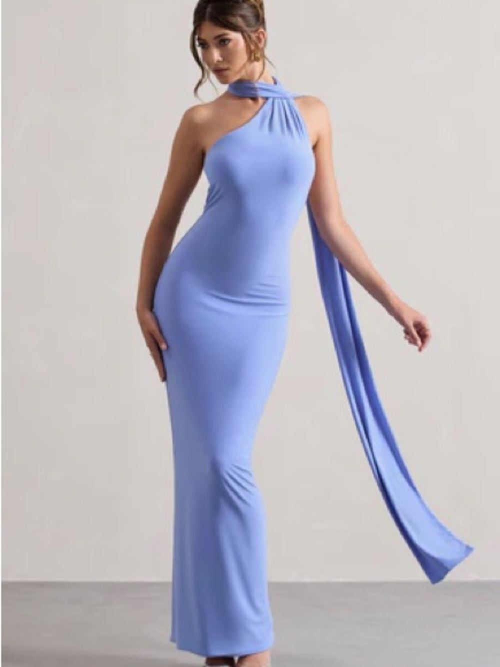 Club L London One-Shoulder Periwinkle Gown with Draped Scarf